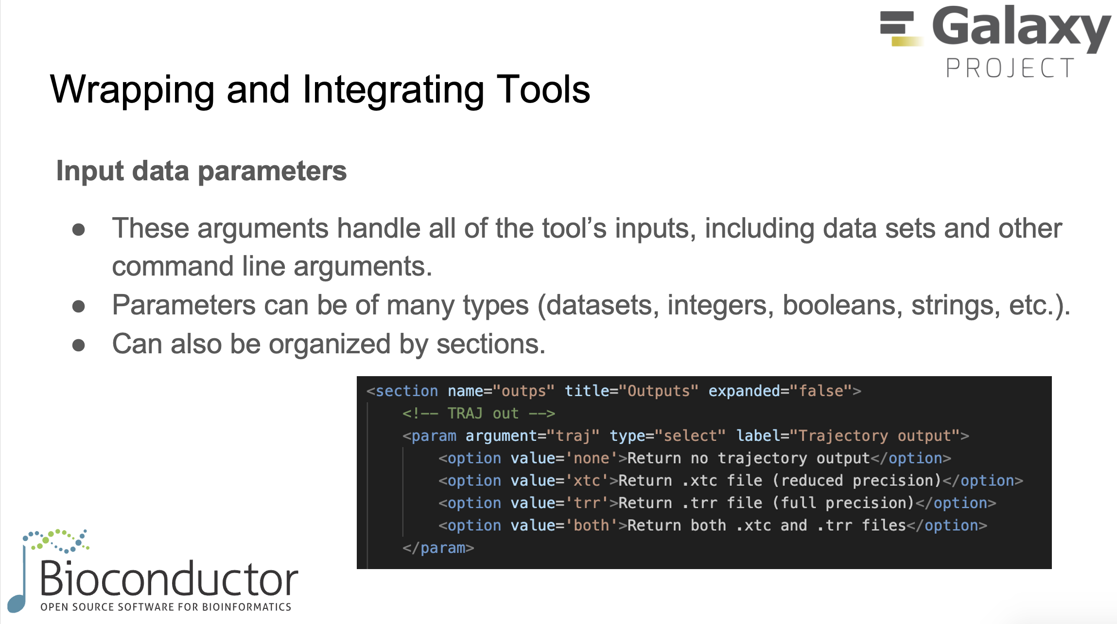 Grouping input parameters by section and defining allowed values.