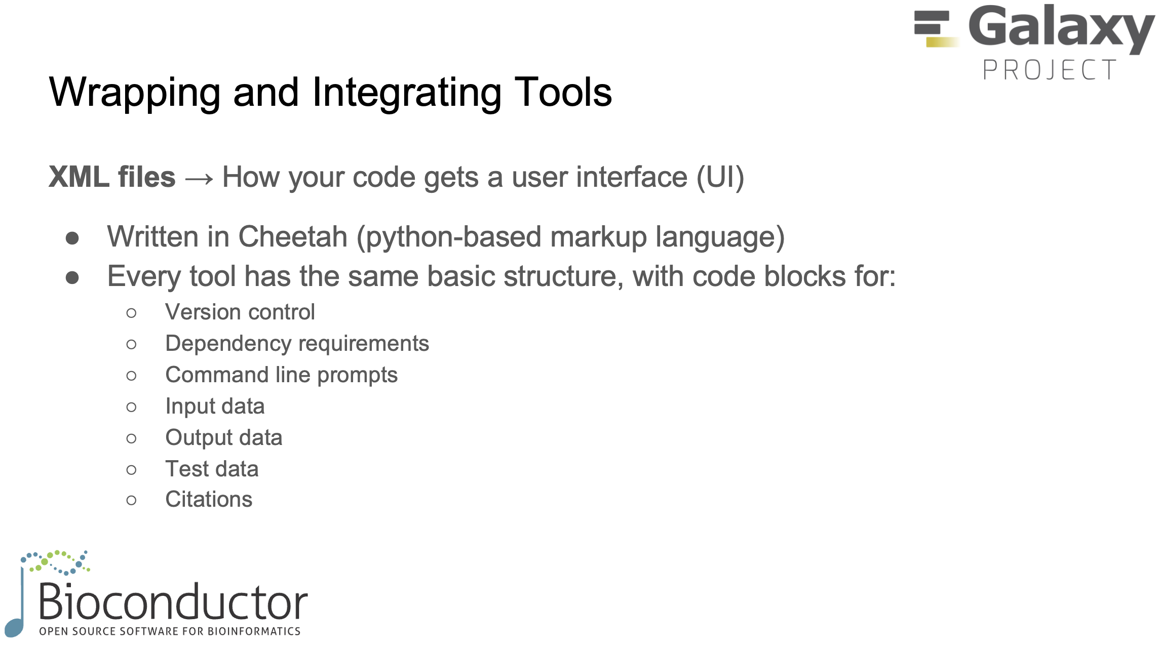 Overview of Galaxy XML tool structure, including sections for inputs, outputs, dependencies, and test data.