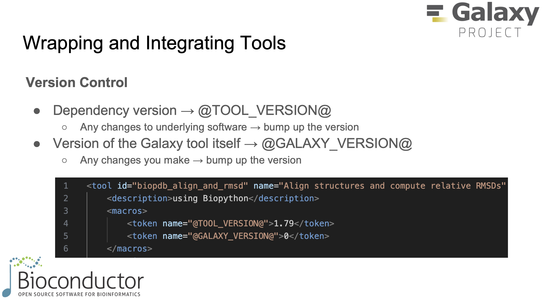 Version control conventions for tool wrappers — tracking Bioconductor and Galaxy tool versions.