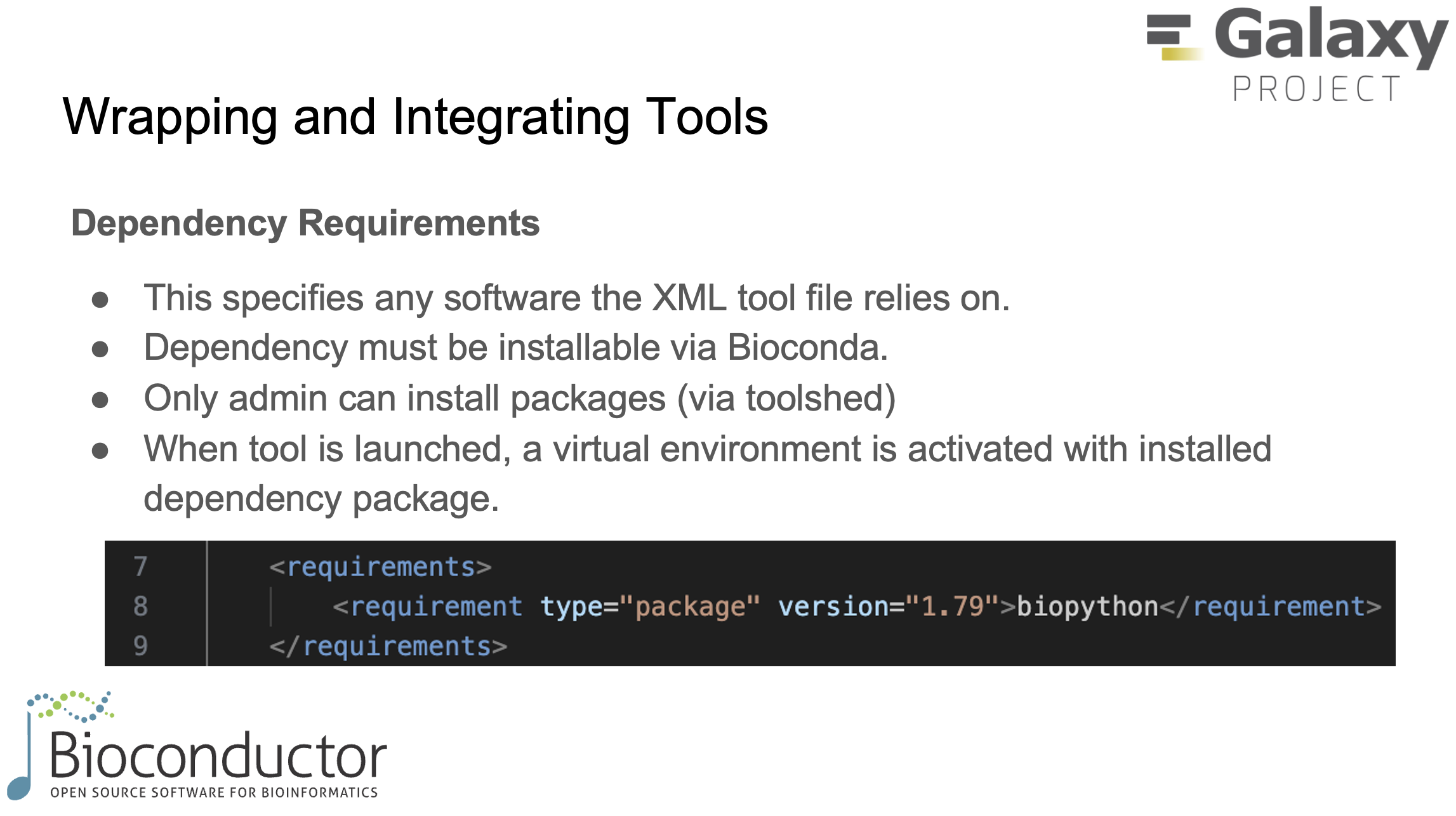 Specifying software dependencies using Bioconda to ensure reproducible tool environments.
