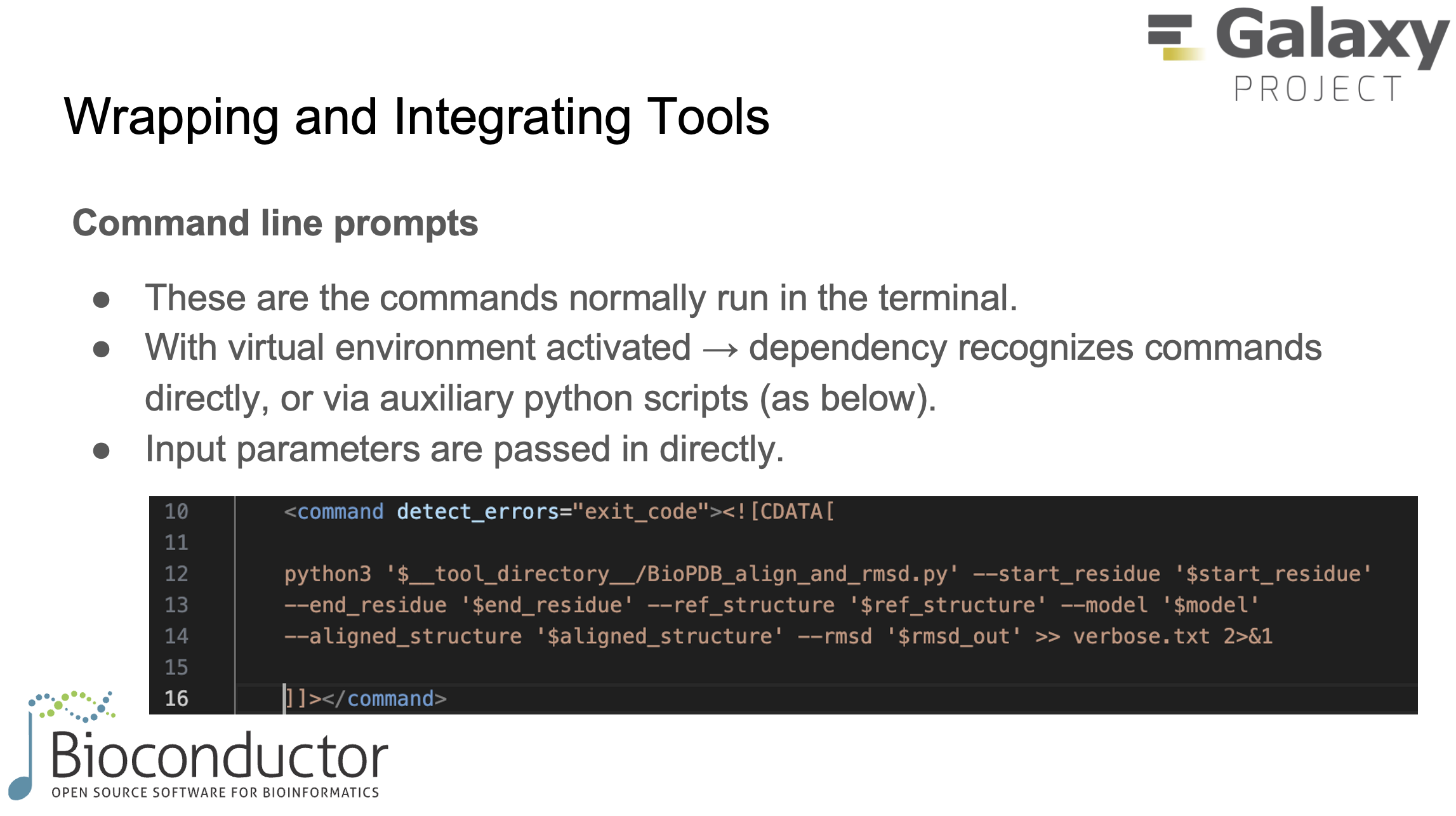 Defining command-line prompts to run the tool logic, with parameters passed directly from the Galaxy interface.