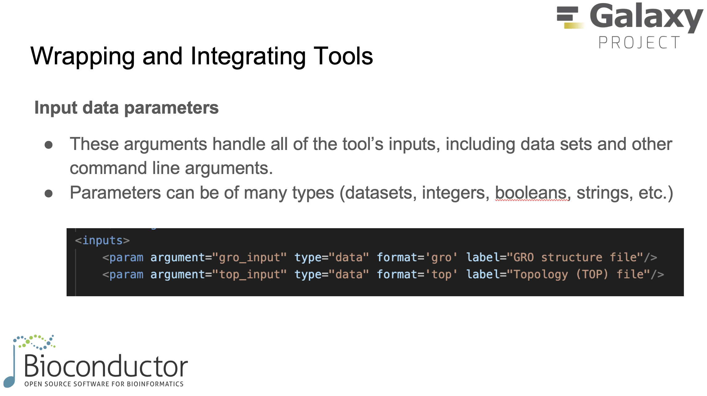 Declaring input parameters including dataset and user-defined variables.